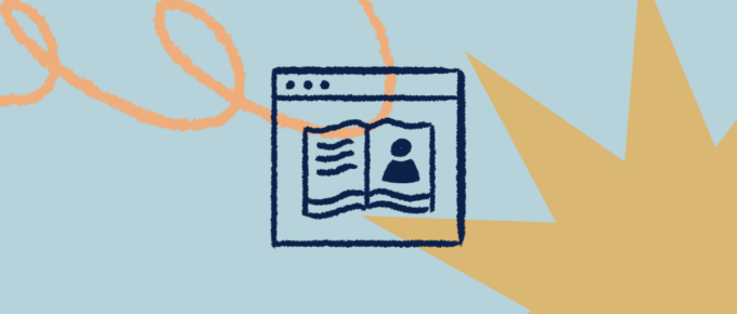 A ilustração mostra um ícone de tela de computador com um livro aberto dentro, na cor azul marinho. O fundo da imagem é azul bebê e possui rabiscos laranja.