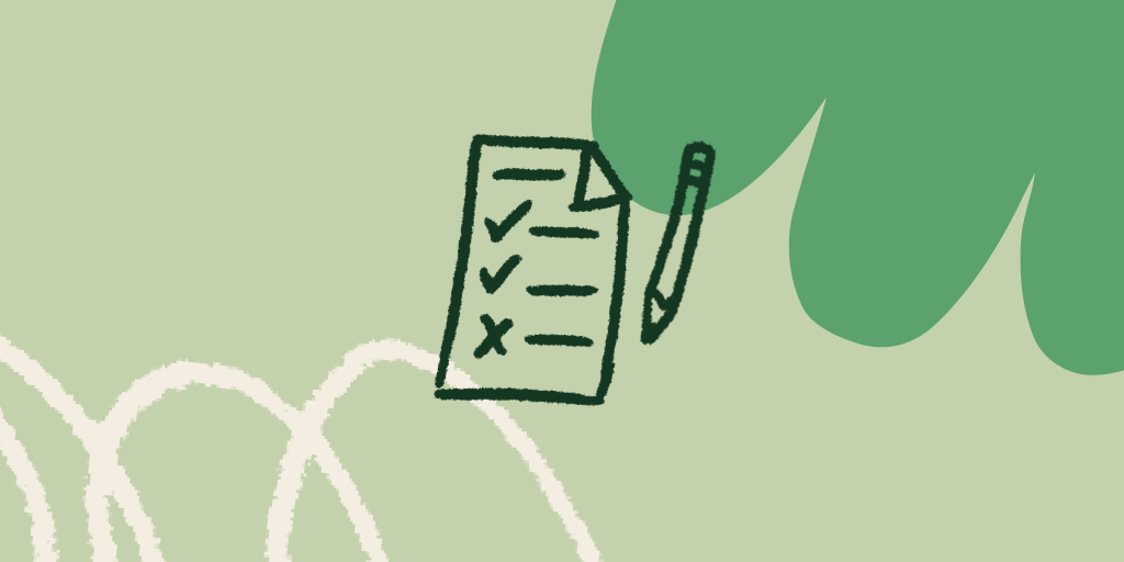 ilustração de um lápis de escrever e uma folha com acertos e erros rasurados. O fundo da imagem é de diferentes tonalidades de verde.