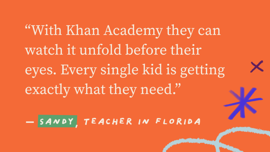 A graphic with a quote from Teacher Sandy in Florida. "With Khan Academy they can watch it unfold before their eyes. Every single kid is getting exactly what they need."