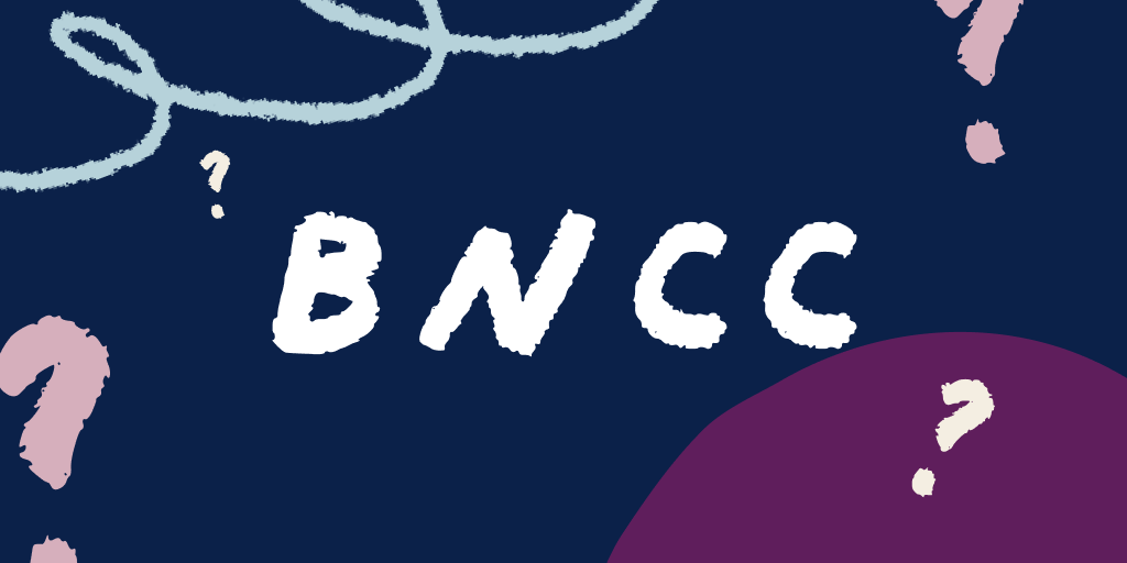 Em um fundo azul escuro, com detalhes em tons de roxo e azul mais claro, temos escrito em branco "BNCC" com interrogações em volta.