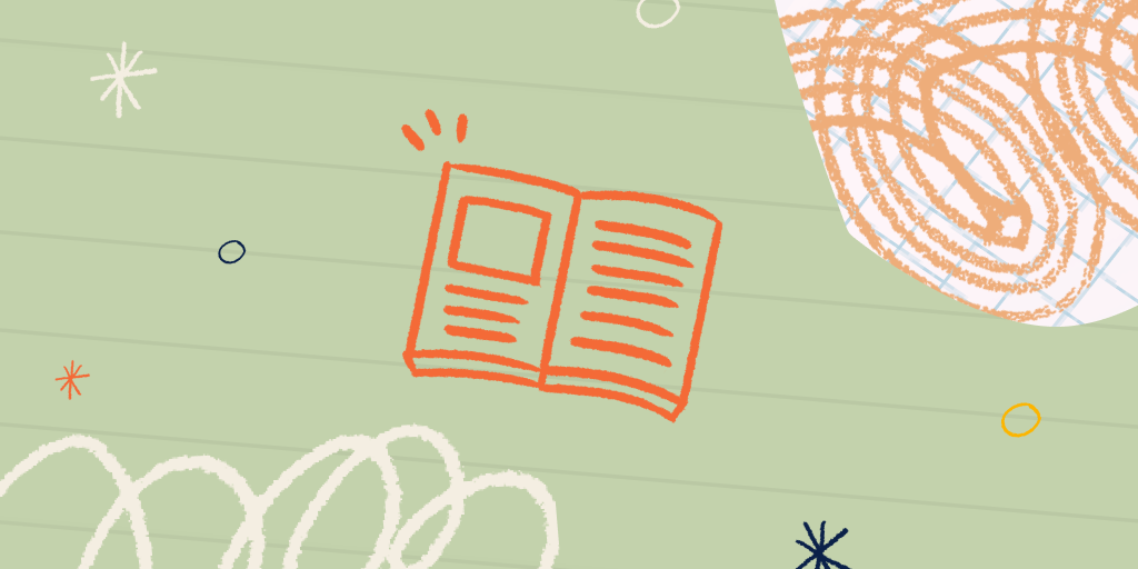 Ilustração de um livro aberto em um fundo de folha de caderno, com rabiscos de giz de cera ao redor