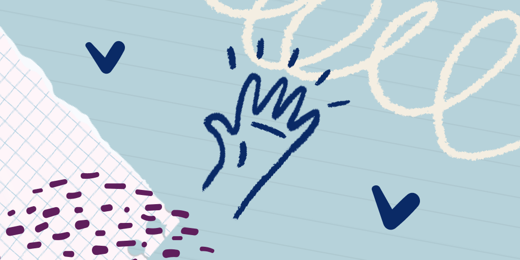 Ilustração em tons de azul e branco de uma mão estendida para representar a inclusão social na escola.
