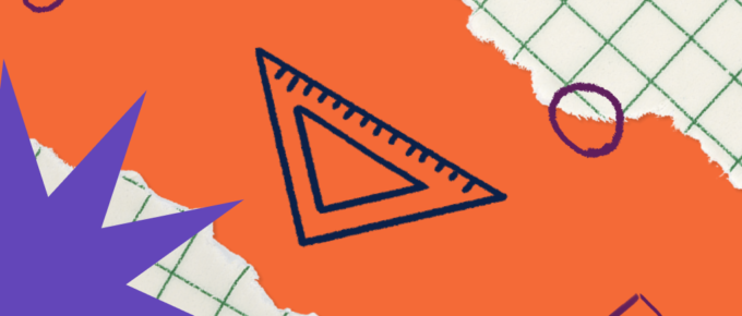 Ilustração de esquadro (régua triangular) em um fundo laranja, com uma estrela roxa no canto inferior esquerdo.