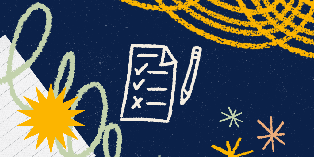 Ilustração de prova com alternativas ao lado de ilustração de lápis em um fundo azul-escuro. Ao redor há rabiscos amarelos e verdes em textura de giz de cera, com estrelas das mesmas cores.