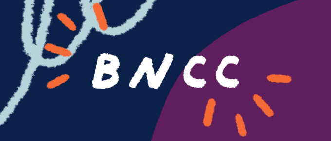 Sigla BNCC, que significa Base Nacional Comum Curricular, escrita em textura de giz de cera, com riscos laranja ao redor em um fundo metade azul e roxo.