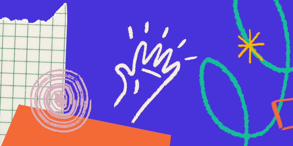 Uma ilustração sobre promover uma educação antirracista com um fundo azul ciano, uma mão estendida e alguns elementos gráficos.