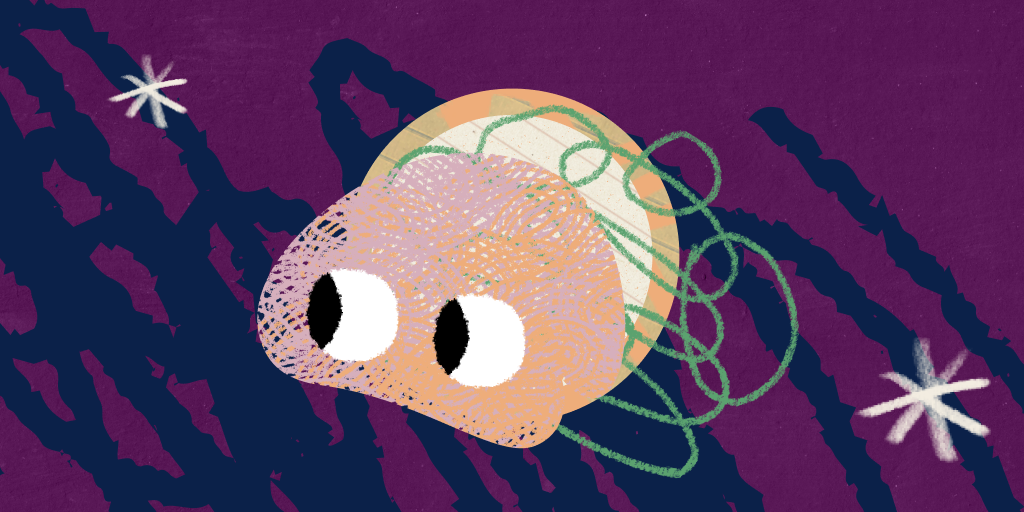 Ilustração de um cérebro com olhos, logo do Khanpeonato, em um fundo roxo, com rabiscos azul escuro.
