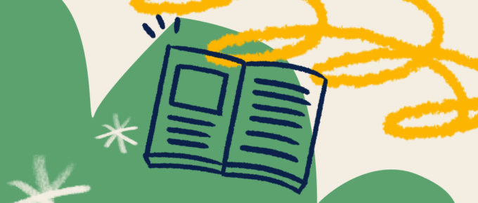 Em um fundo creme, com detalhes em verde e amarelo, há uma ilustração de um caderno azul.