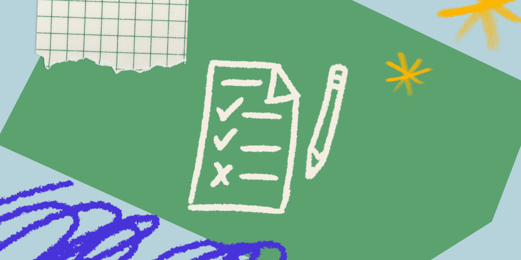 Ilustração representando a importância do reforço escolar, com uma lista de exercícios e um lápis e alguns elementos gráficos em verde, amarelo e tons de azul.