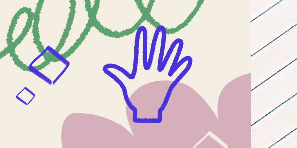 Ilustração com fundo abstrato em bege e rosa claro, com o contorno de uma mão em azul.