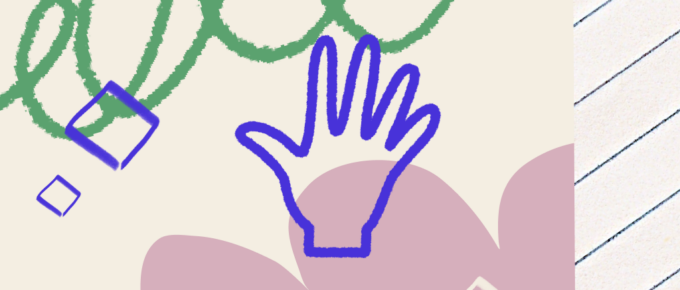 Ilustração com fundo abstrato em bege e rosa claro, com o contorno de uma mão em azul.