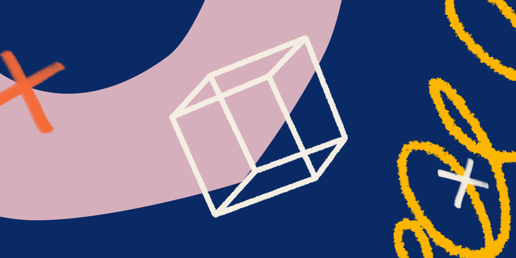 ilustração de um cubo em branco, com fundo azul e rosa.