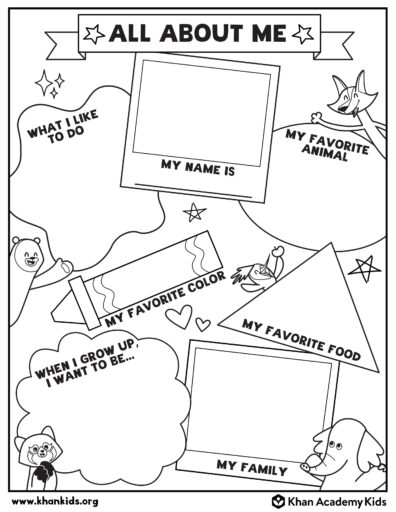Shows what the free all about me worksheet looks like, with designated areas for kids to fill out titled "My favorite animal", "What I like to do", "My favorite color," etc.