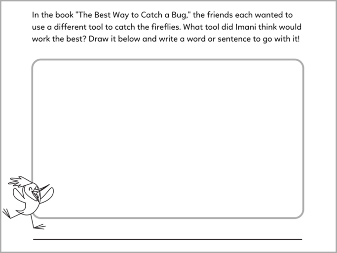 A reading comprehension worksheet that asks kids about a key detail in the story "The Best Way to Catch a Bug." The story is available for free in the Khan Academy Kids app.