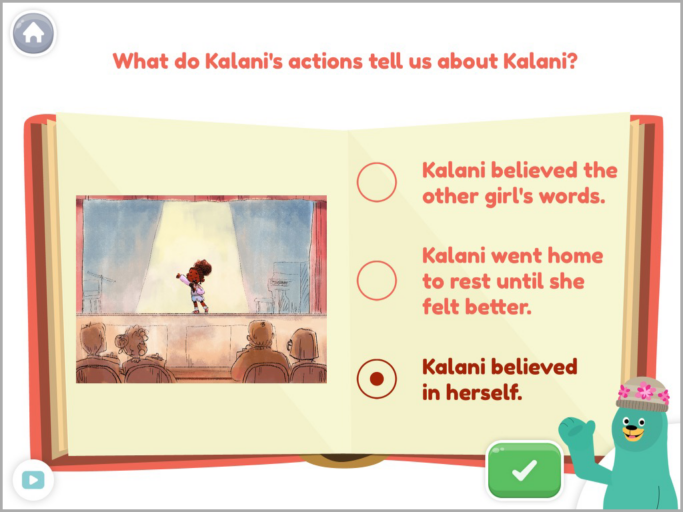 A reading comprehension game that asks a multiple choice question: "What do Kalani's actions tell us about Kalani?"