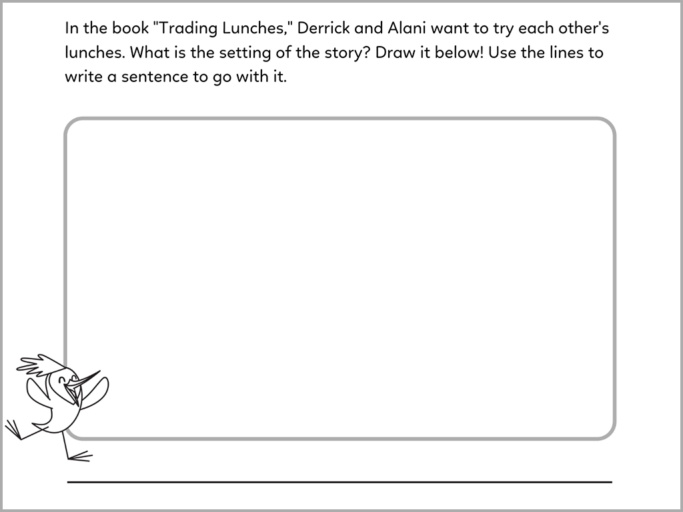 A reading comprehension worksheet that asks kids about the setting of the story "Trading Lunches." The story is available for free in the Khan Academy Kids app.