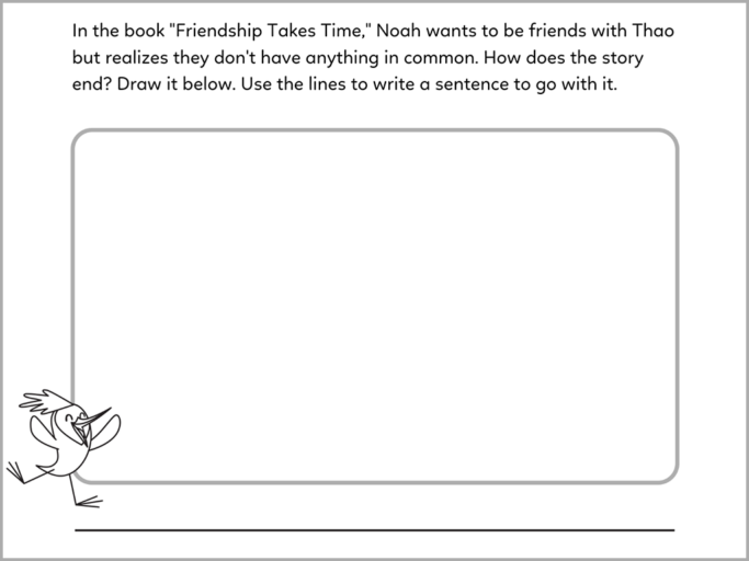 A reading comprehension worksheet that asks kids about the ending of the story "Friendship Takes Time." The story is available for free in the Khan Academy Kids app.