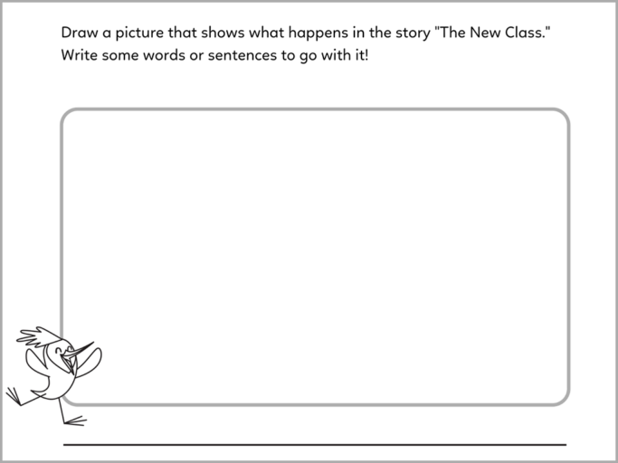 A reading comprehension worksheet that asks kids about the main events in the story "The New Class." The story is available for free in the Khan Academy Kids app.
