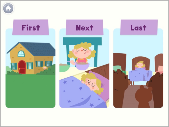 A reading comprehension game with three images from a story. The images are in order based on when they happened in the story. They are labeled First, Next, and Last.