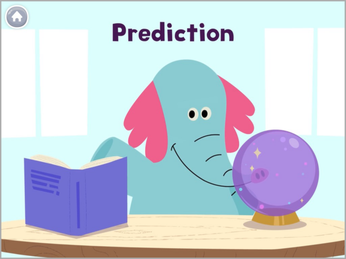 A cute elephant character is sitting behind a table. The table has a book on one side and a crystal ball on the right. The word "prediction" is displayed at the top of the screen. This is an excerpt from one of the games in the free Khan Academy Kids app.