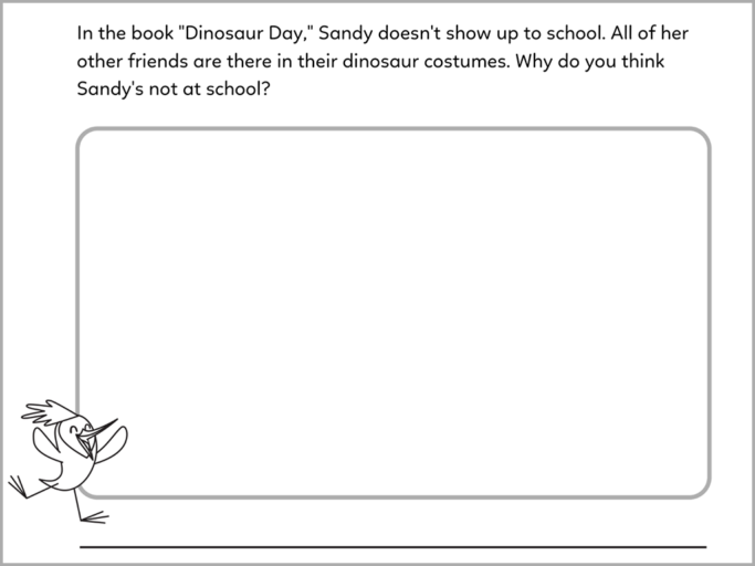 A reading comprehension worksheet that asks kids to make a prediction about the story "Dinosaur Day." The story is available for free in the Khan Academy Kids app.