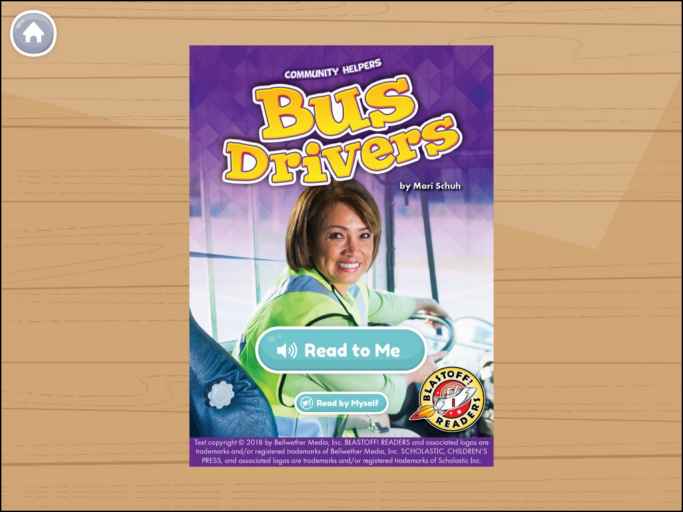 The front cover of a book called "Bus Drivers." This book is a part of the Community Helpers book series, which is available for free in the Khan Academy Kids app.