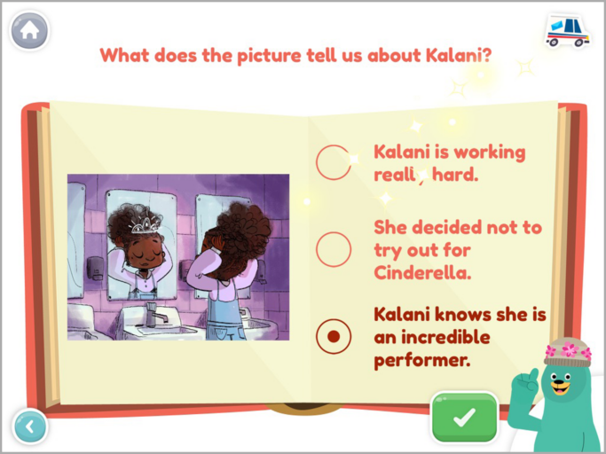 The image shows a multiple choice question that you might see on a reading comprehension worksheet. The question asks "What does this picture tell us about Kalani?" 