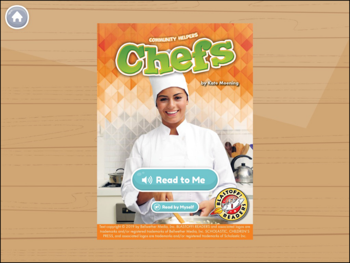The front cover of a book called "Chefs." This book is a part of the Community Helpers book series, which is available for free in the Khan Academy Kids app.