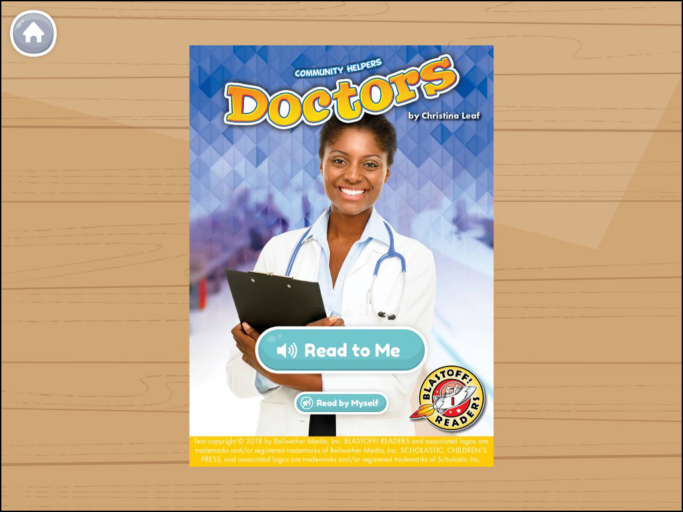 The front cover of a book called "Doctors." This book is a part of the Community Helpers book series, which is available for free in the Khan Academy Kids app.