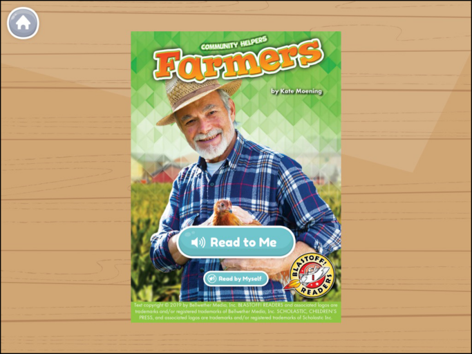 The front cover of a book called "Farmers." This book is a part of the Community Helpers book series, which is available for free in the Khan Academy Kids app.