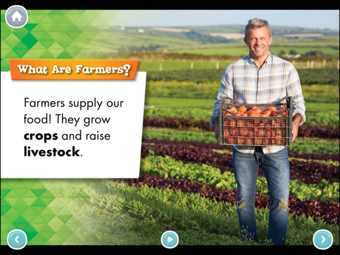 A page inside the book "Farmers." It reads, "Farmers supply our food! They grow crops and raise livestock." The picture shows a farmer on a field with a crate of vegetables.