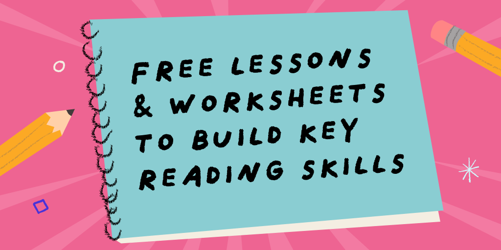A blue notebook lays on a bright pink background. The notebook's cover says "Free lessons and worksheets to build key reading skills."