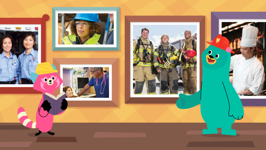 Cute animal characters stand in front of a gallery of images. The images display different community helpers, like firemen, construction workers, chefs, and more.