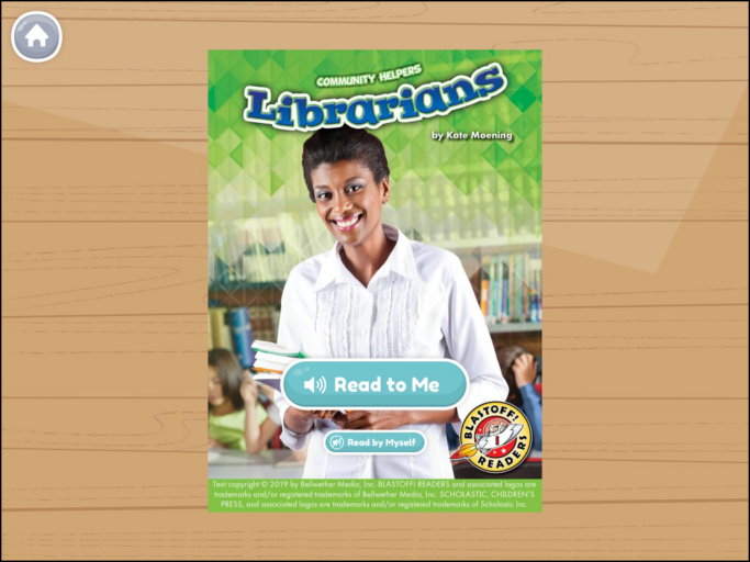 The front cover of a book called "Librarians." This book is a part of the Community Helpers book series, which is available for free in the Khan Academy Kids app.