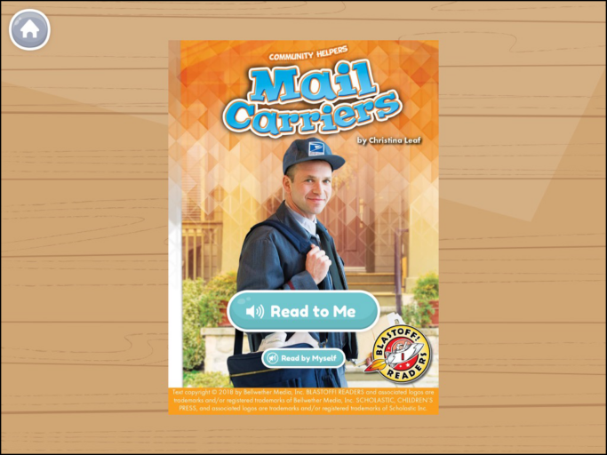 The front cover of a book called "Mail Carriers." This book is a part of the Community Helpers book series, which is available for free in the Khan Academy Kids app.