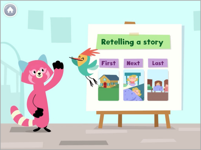 Two cute animal characters high five next to a poster that reads "Retelling a story." The poster has three images from a story on it, labeled "First," "Next," and "Last."