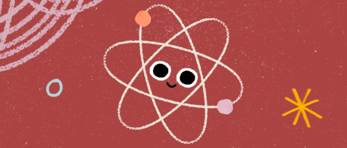 Banner da Khan Academy que mostra o desenho de um átomo com olhos e sorriso. O fundo da imagem é vermelho. A imagem representa as descobertas científicas.