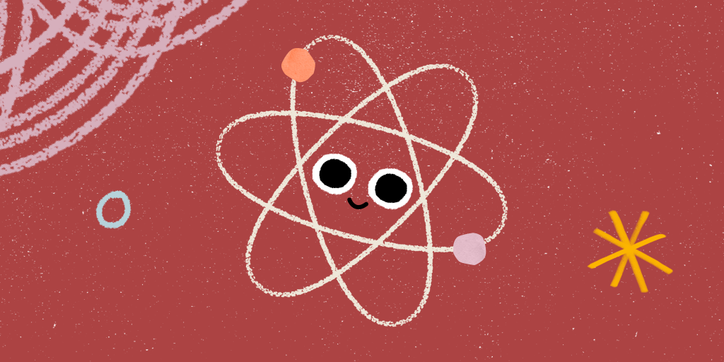 Banner da Khan Academy que mostra o desenho de um átomo com olhos e sorriso. O fundo da imagem é vermelho. A imagem representa as descobertas científicas.