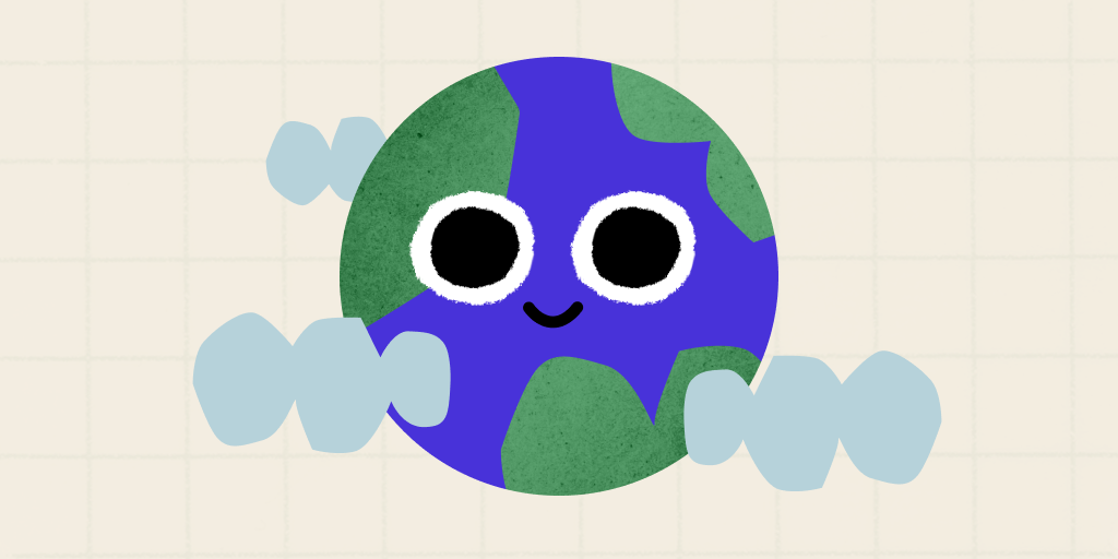Desenho de um planeta Terra sorrindo com algumas nuvens a sua volta. 