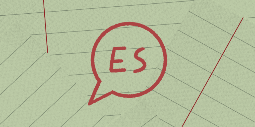 A imagem representa várias folhas de papel, uma em cima da outra com uma caixa de texto com as siglas “ES” em vermelho. 