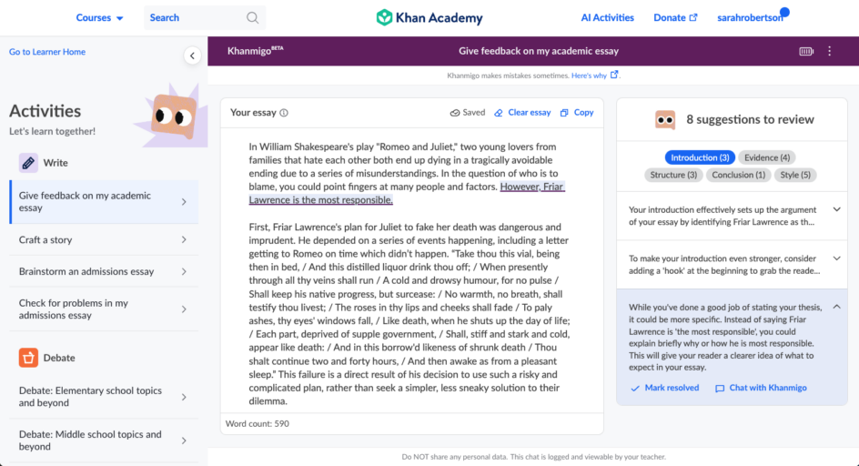 Khanmigo screen showing the "give feedback on my academic essay" feature with a pasted essay and Khanmigo's feedback