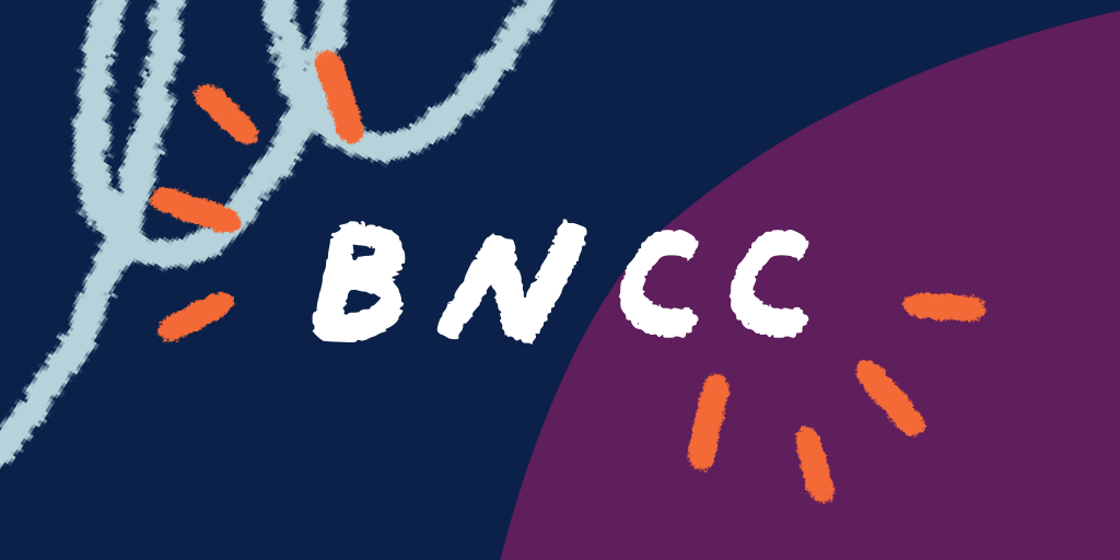 Sigla BNCC, que significa Base Nacional Comum Curricular, escrita em textura de giz de cera, com riscos laranja ao redor em um fundo metade azul e roxo.