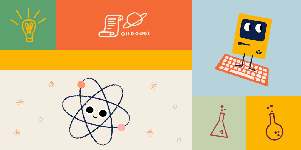 Desenhos variados sobre ciências representando o pensamento científico. 