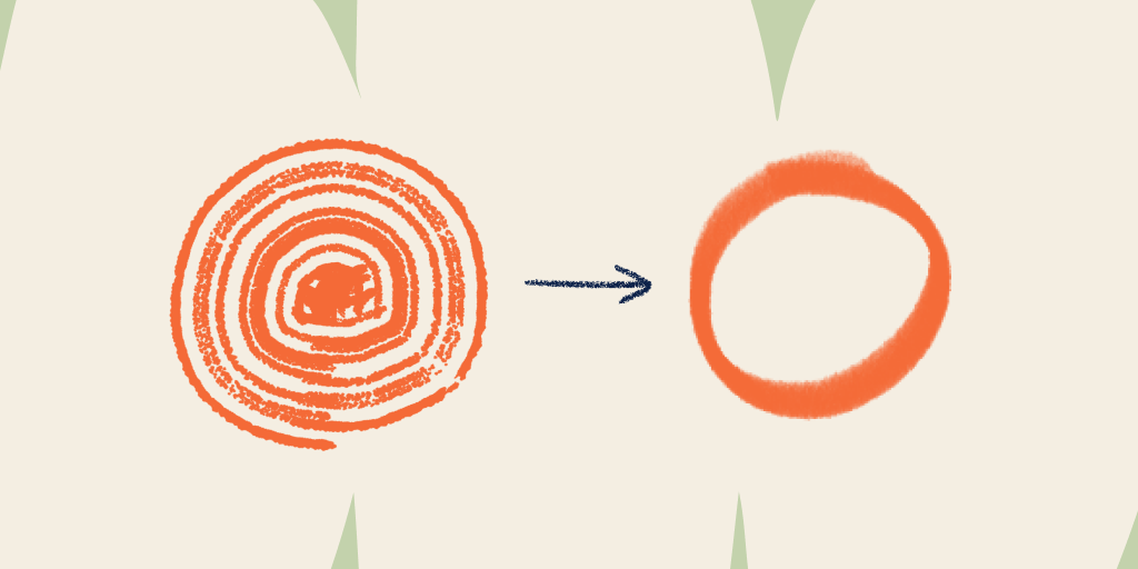 Ilustração de um espiral laranja e uma seta apontando para um círculo na mesma coloração