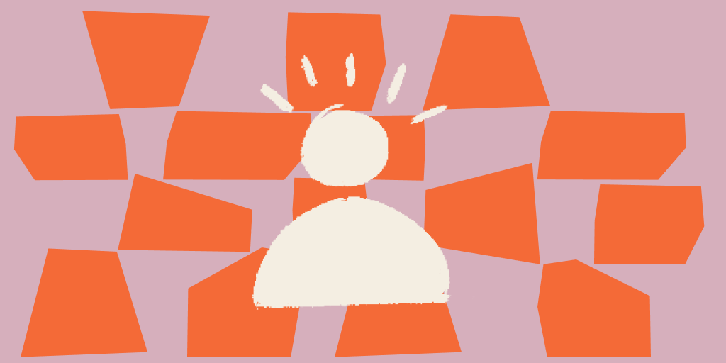 Ilustração, fundo rosado, com figuras assimétricas em laranja, e a representação de uma pessoa à frente. Tudo isso representando a autoavaliação. 