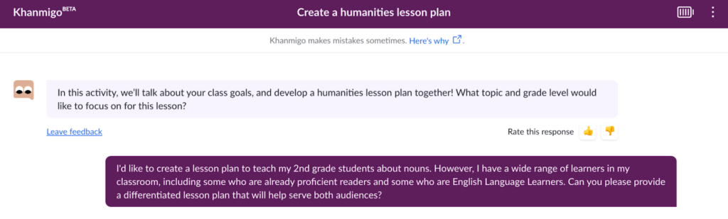 A sample prompt showing how Khanmigo handles differentiated instruction