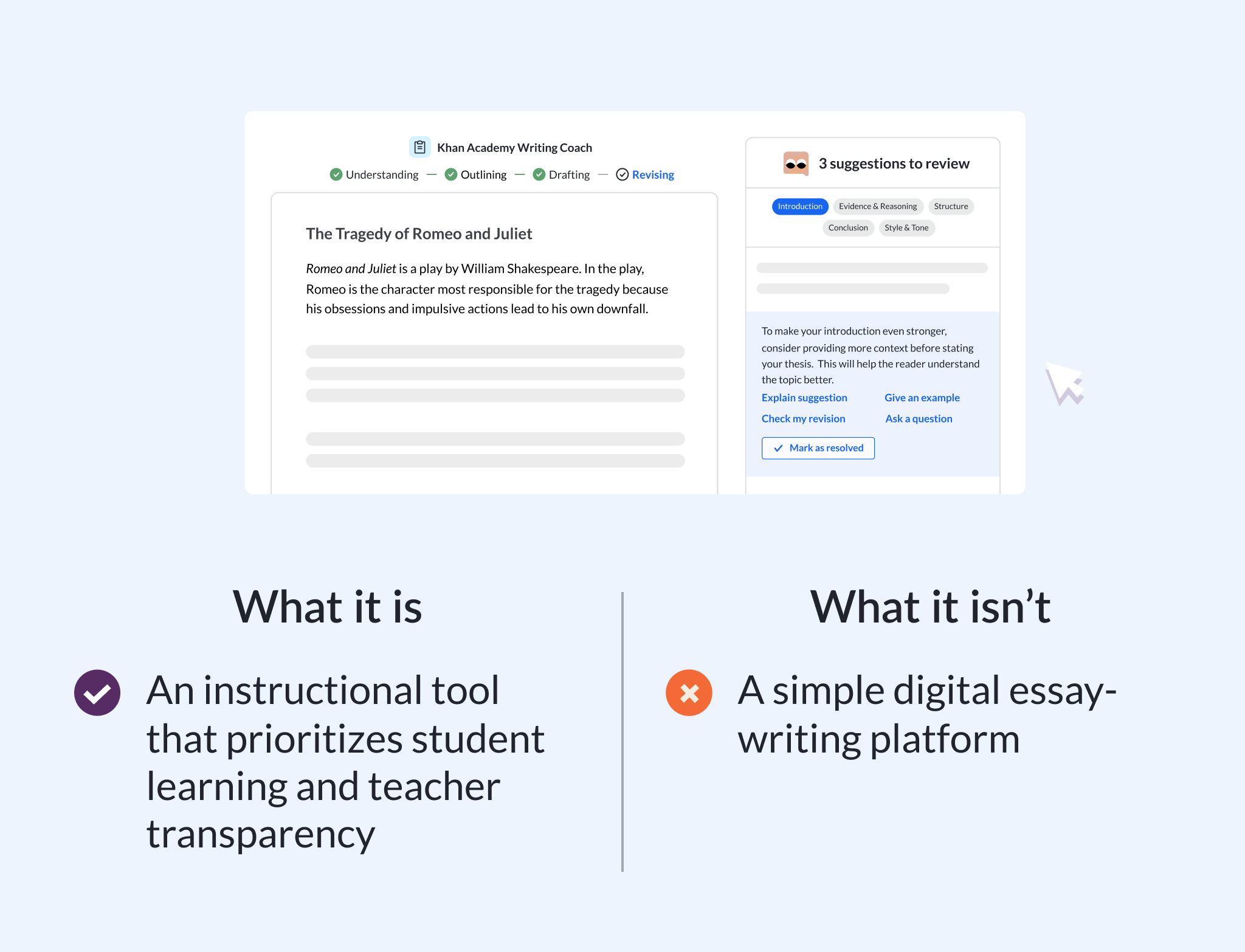 What it is: An instructional tool that prioritizes student learning and teacher transparency. What it isn't: A simple digital essay-writing platform.