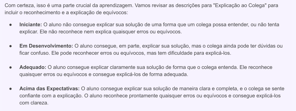 Alt-Text: Esta é uma resposta que o khanmigo deu para uma pesquisa para ajudar na criação das rubricas e facilitar as correções.