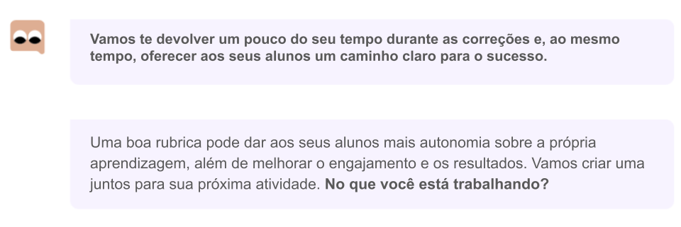 Balões de conversas sobre a eficiência em utilizar o khanmigo nas correções usando as rubricas que a IA da Khan ajuda a criar.