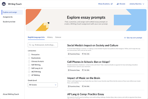 Browse essay assignments by grade level (5–12)
Filter by subject (ELA or social studies)
Choose from different essay types, including persuasive, informational, and literary analysis

